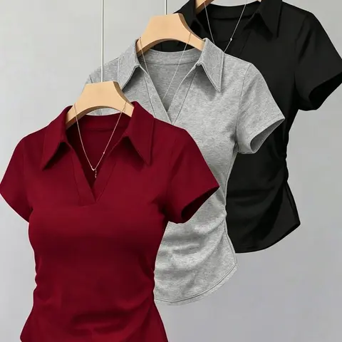 Vintage Women's Collar V-Neck Streetwear Polo Shirt, Short Sleeve Slim Fit T-Shirt, Plain Color Basic Top, Soft Casual Street Fashion