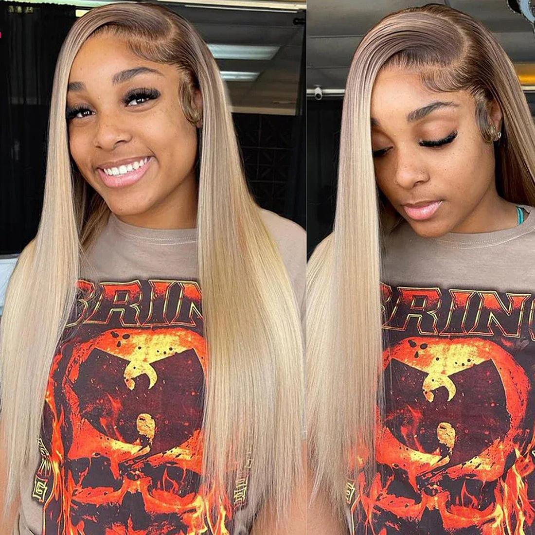 28 30 32 Inch Brown Root Ash Blonde Straight 13X4 Lace Frontal Human Hair Wigs Transparent Lace 180 Density Ombre Ash Blonde Human Hair Wig for Women Pre Plucked SpringStatements