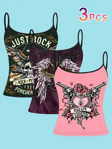 3-Pack Winged Punk Romantique Crop Top, Skull Rose Heart Prints, Slim Fit Strapless Sleeveless Shirt, Casual Spaghetti Strap Cami Top, Casual All-Season Fashion, Camisole Tops, Womenswear