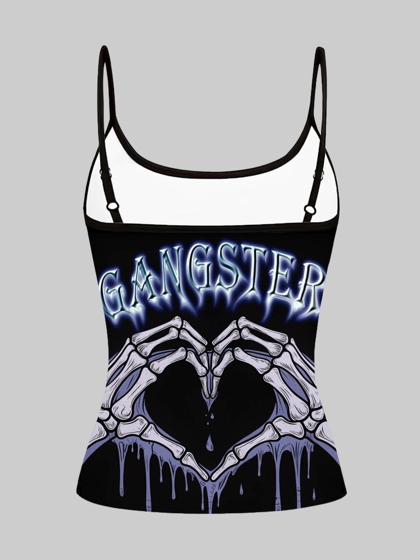 Gothic Skull Heart Cross Print Straps, Dark Sexy Slim-Fitting Top Set of Three, Casual Sleeveless Clothing for Women