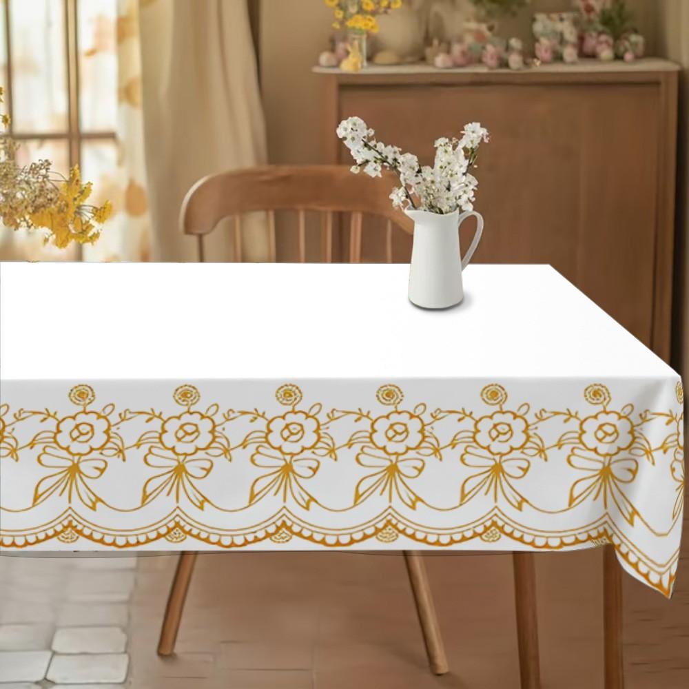 Rectangular Tablecloth with Floral and Bow Edges, Polyester Material, Multiple Sizes Available, Easy to Clean