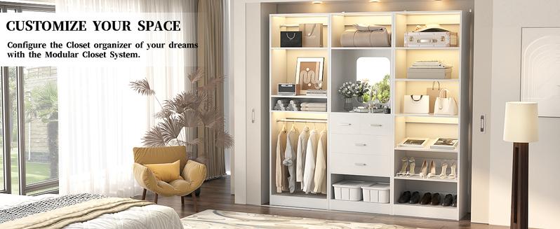 Cyclysio 75” Closet System with Shoe Rack and Hanging Rods, Modern Walk-in Closet Organization Wardrobe with Wooden Drawers and Mirror and Shelves