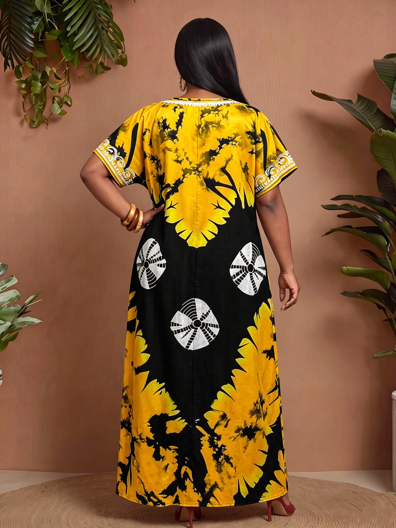 African Totem Print Long Dress, Bohemian Print Dress, Boho Style Loose Fit Short Sleeve Maxi Dress, Plus Size Home Beach Summer Vacation Dress, Vintage Exotic Wind, Casual