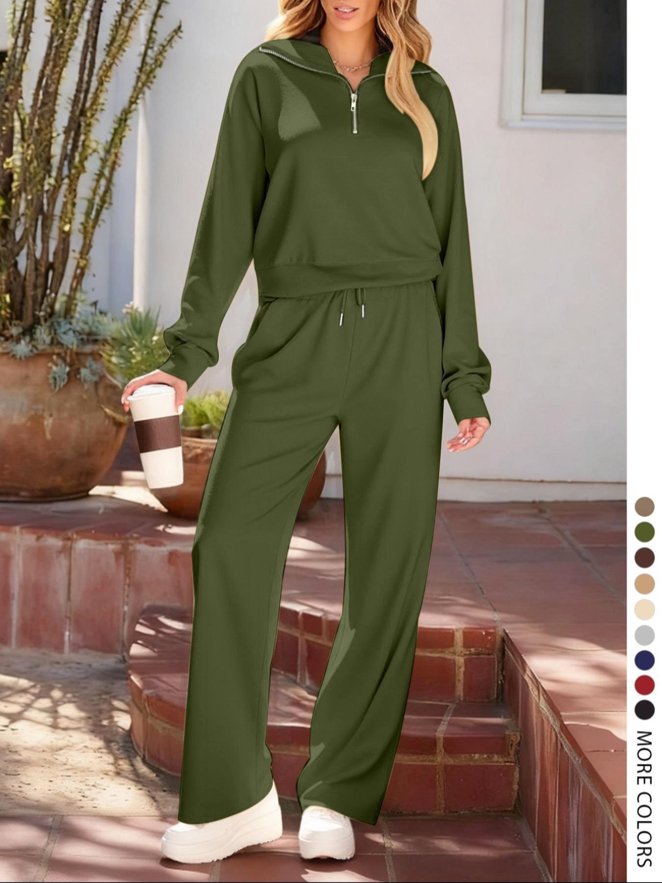 Pure Color Half-Zip Shoulder Pad Sporty Top Long Pants Set, Casual Loose-Fitting Short Upper Long Lower, Perfect for Spring Summer