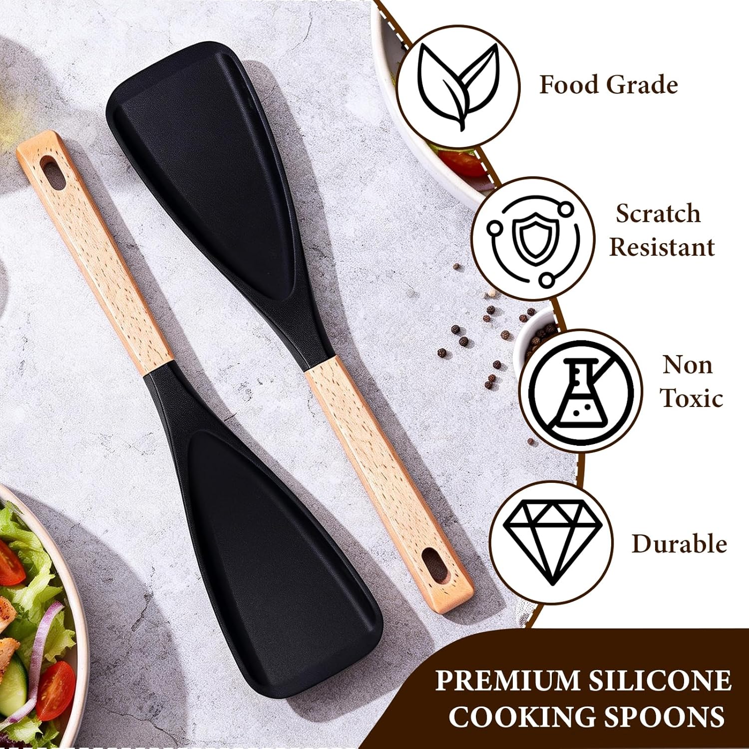 2 count Cooking Spoon for Nonstick Cookware, Spatula Spoon with Wooden Handle, Heat Resistant Kitchen Spatula, for Cooking, Baking, Mixing, Scraping and Serving (White) 2 count Cooking Spoon for Nonstick Cookware, Spatula Spoon with Wooden Handle, Heat Resistant Kitchen Spatula, for Cooking, Baking, Mixing, Scraping and Serving (White)