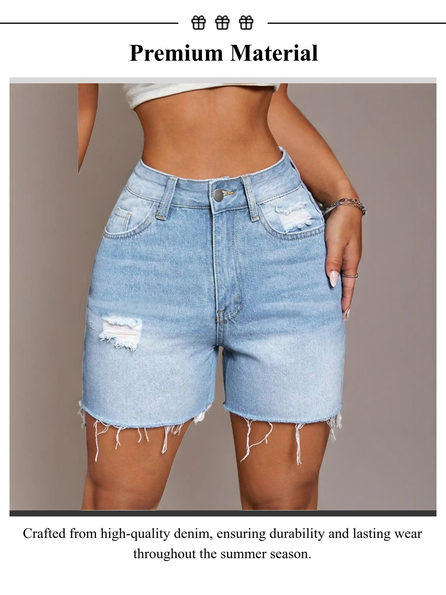 Women's Plain Ripped Denim Shorts, Casual Fashion Zipper Shorts for Daily Wear, Ladies Bottoms for Summer