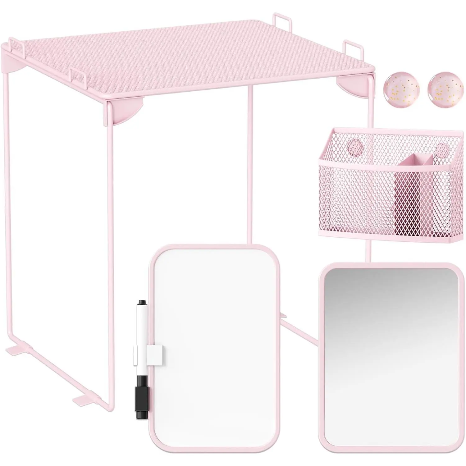 Pink Locker Accessories with Locker Shelf, Magnetic Mirror, Magnetic Pen Holder, Magnetic Small Whiteboard, Back to School Essentials Locker Decorations, 7 Piece Locker Organizer for Work