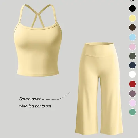【Black Friday】Women’s Sporty 2-Piece Set with Tank Top and High-Waisted Wide-Leg Pants, Breathable Solid-Color Outfit for Yoga, Casual Wear, and Lounging at Home