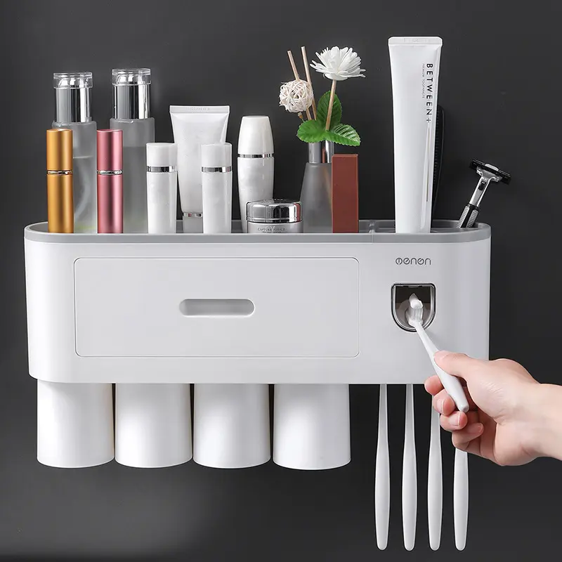 Toothbrush Holder & Mouthwash Cup, 1 Count Wall Mounted Toothbrush Holder with Toothpaste Dispenser & Large Capacity Cosmetic Drawer, Bathroom Organizer for Home Hotel Dormitory Salon, Toothbrush Storage