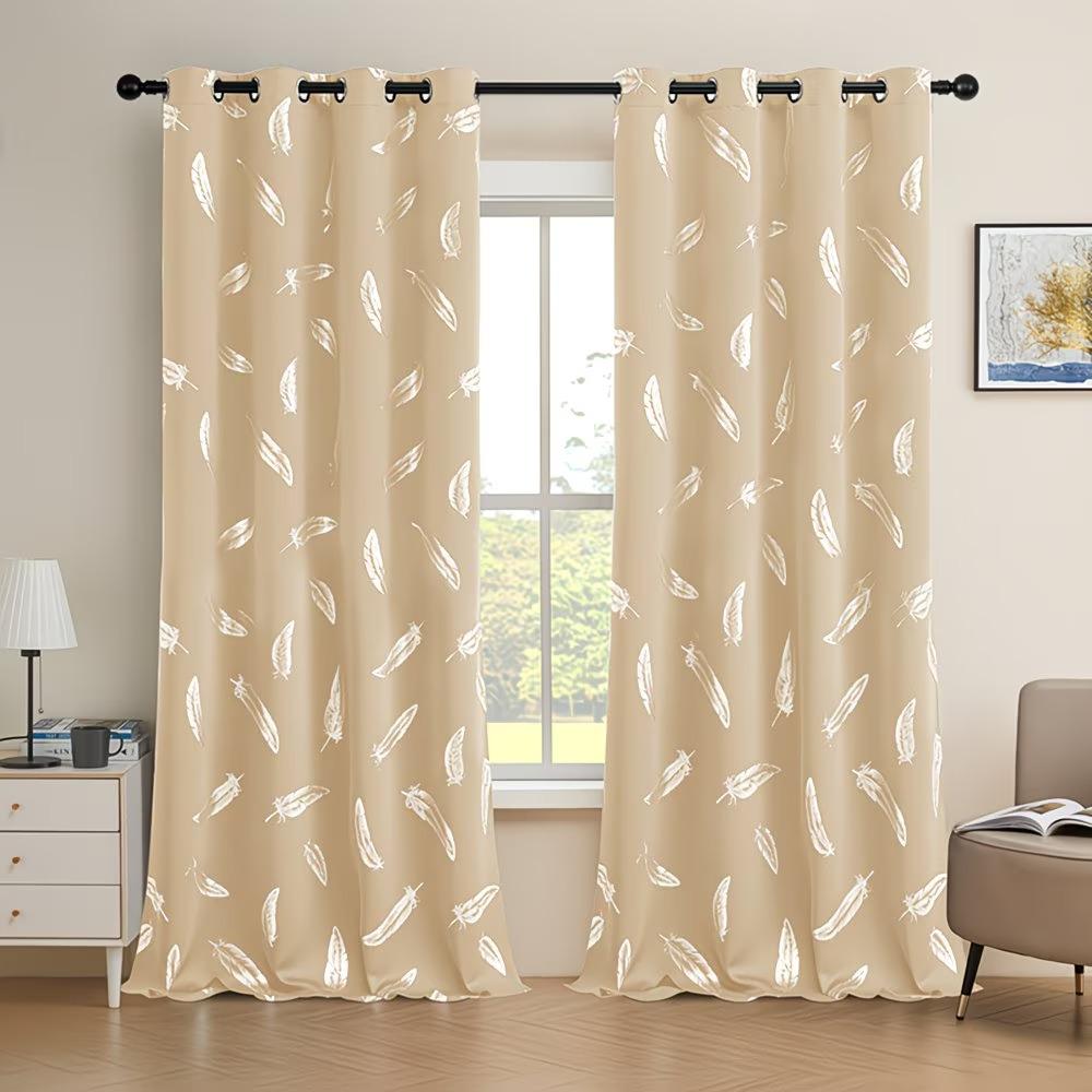 Two elegant feather-patterned decorative digital printed semi-transparent curtains made of polyester, suitable for living rooms and bedrooms, available in various pattern colors