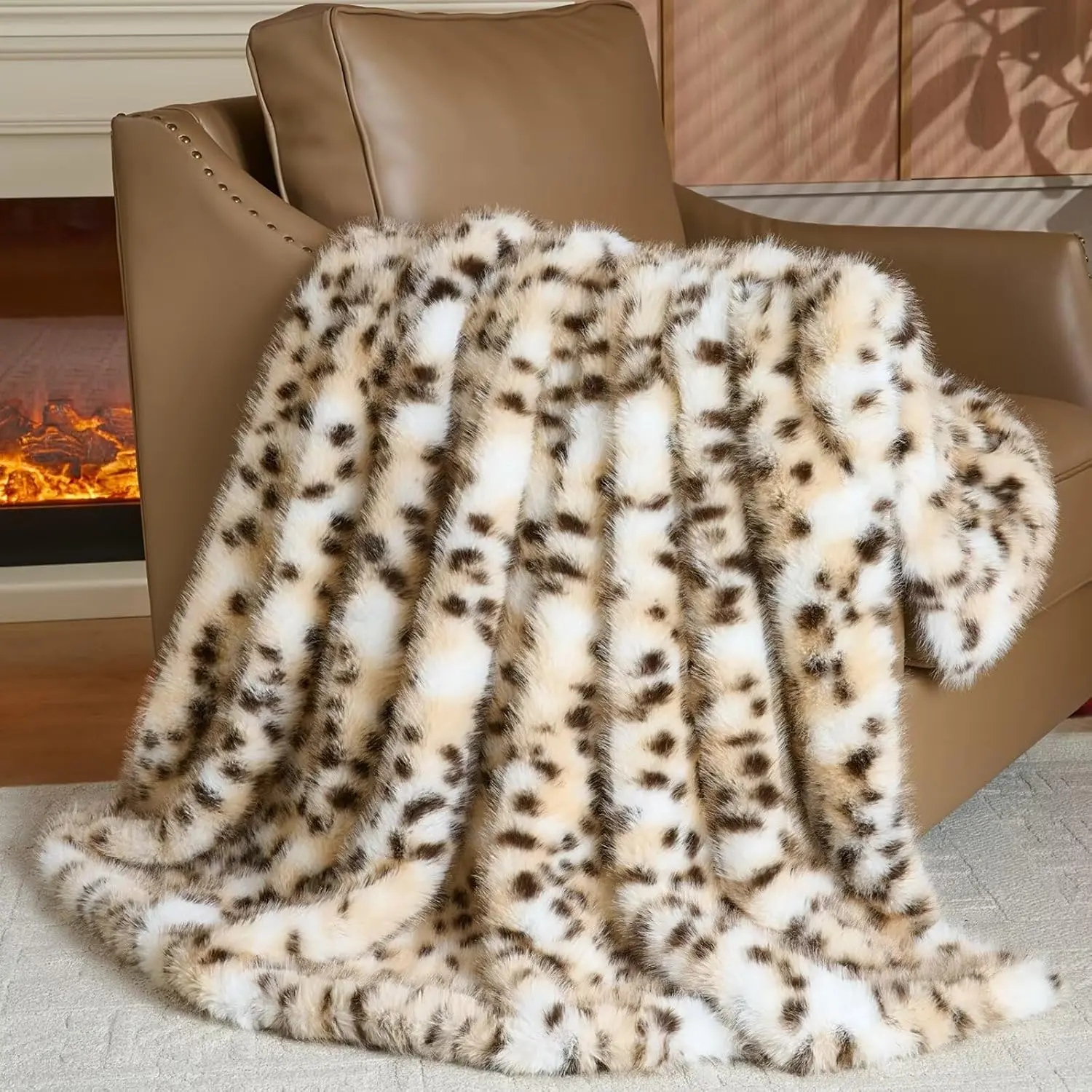 Luxury Faux Fur Throw Blanket,Thick Fuzzy Cozy Blanket,Plush for Couch, Sofa, Chair, Bed-Leopard Print,50x60 Inches