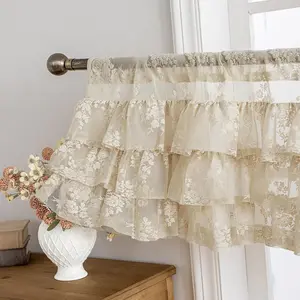 Beige Lace Ruffle Valance for Windows 1 Panel W52 x L18 Inch Rustic Floral Cottagecore Sheer Valance for Kitchen Window Over Sink, Rod Pocket Bathroom  Short Ruffled Curtain 18 Inch Length