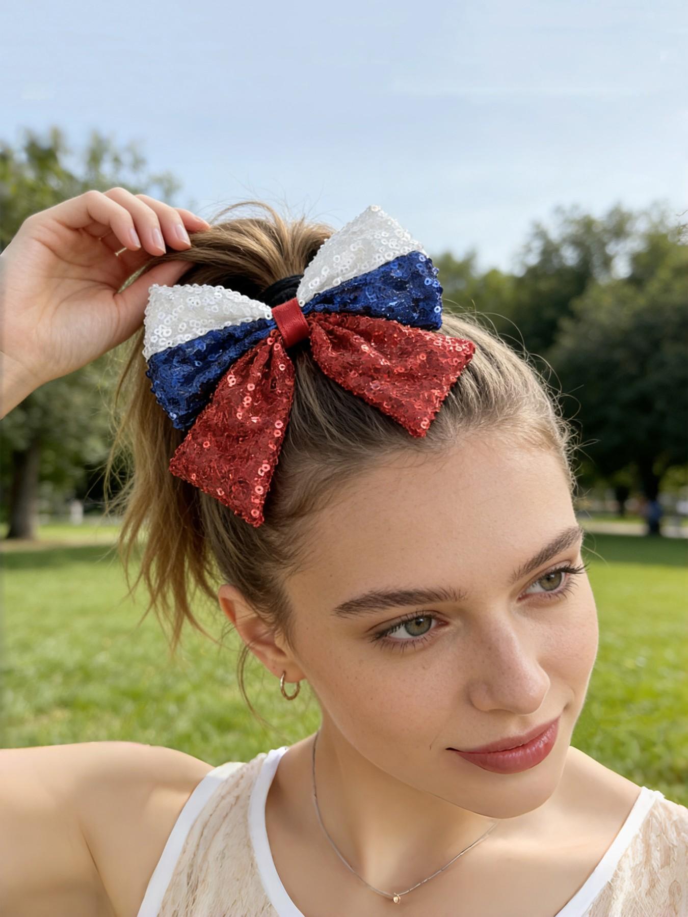 Women's Independence Day Hair Clips Blue Sequins Bow Patriotic Theme Party Headwear, 2pcs Ladies Hair Accessories