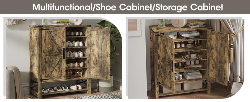 Vabches Shoe Cabinet with Doors, 6-Tier Farmhouse Shoe Storage Cabinet with Adjustable Shelves, Shoe Shelf, Wooden Shoe Rack Organizer Cabinet for Entryway, Foyer, Hallway, Living Room, Brown