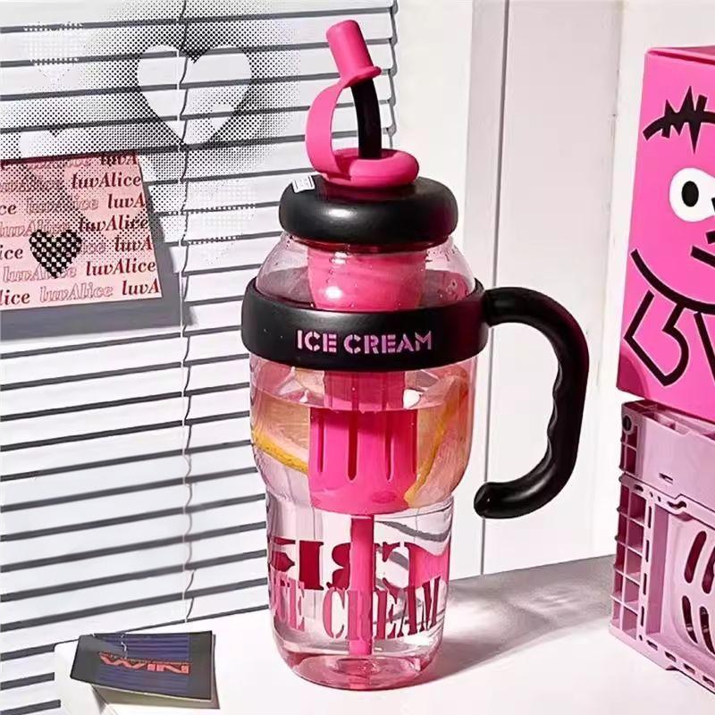 1200ML Thermal Water Bottle with Tea Infuser and Straw, Large Handle, High Capacity, Cute, Dustproof, Summer Water Cup for Women and Students, Large Water Bottle, Lucky King Ice Water Cup