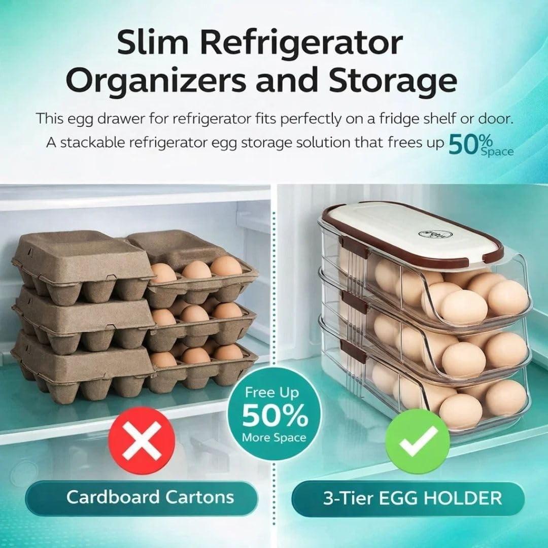 Three-Tier Egg Storage Rack, Automatic Rolling Egg Organizer, Large Capacity Space-Saving Egg Basket, Refrigerator Dedicated Egg Holder