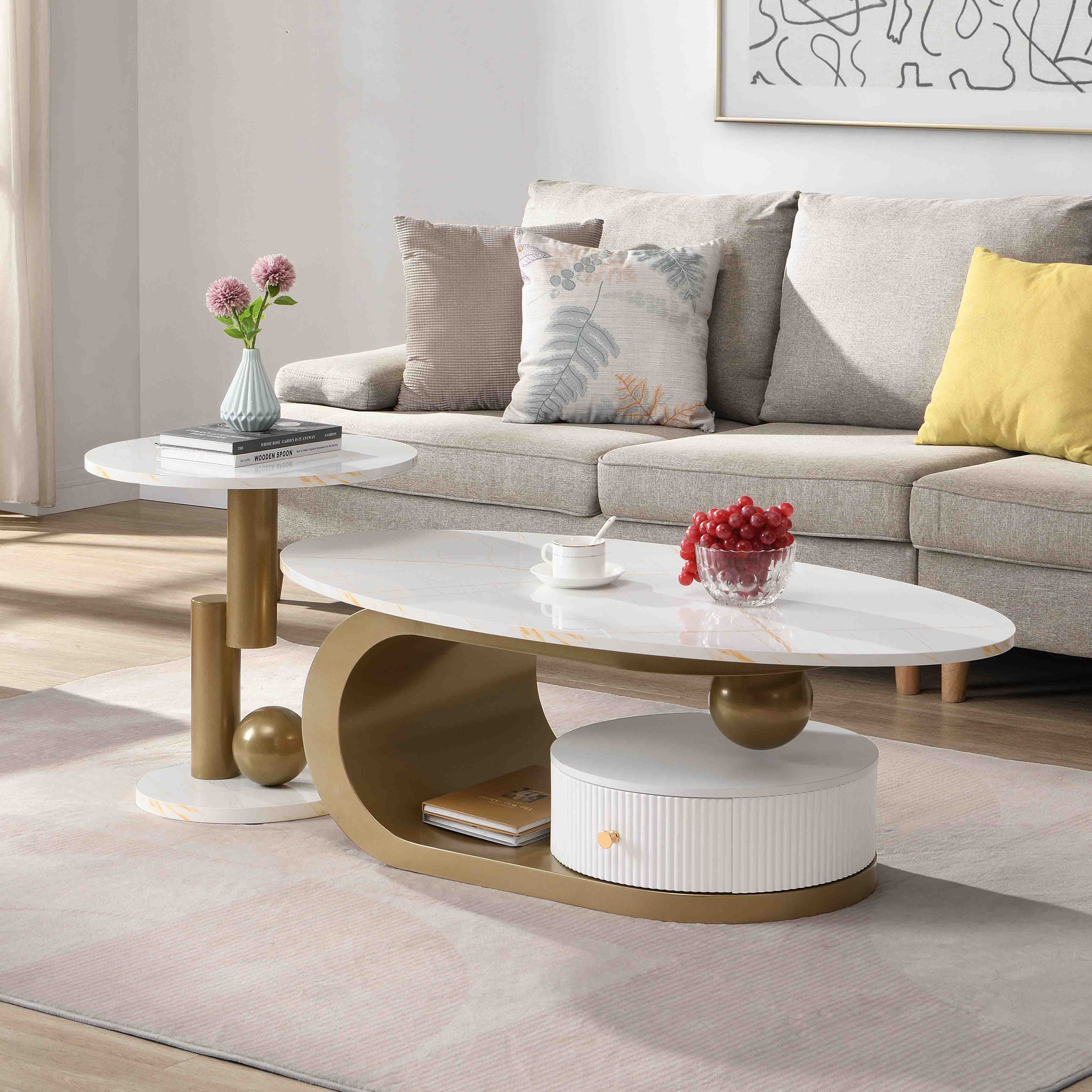 Nesting Coffee Table Set of 2, Living Room Oval Center Table and Round End Table Set, White Faux Marble Top Gold Metal Base