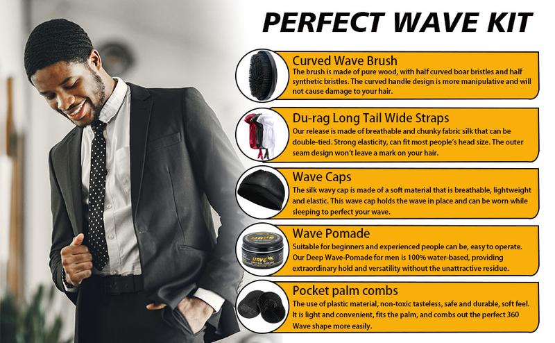 Wave Pomade Hair Care Kit for Men 360 Waves Silky Shine Strong Hold Easy Wash with Curved Brush and Durag Cap Training Set Synthetic