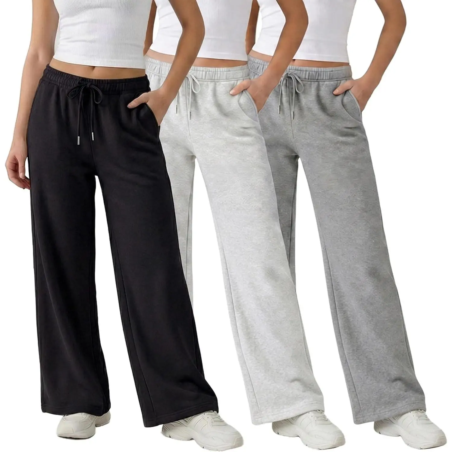 3 Pack Wide Leg Fleece Sweatpants for Women, Deep Pockets | Soft fleece, relaxed fit, elastic drawstring waist. Lounge, travel, everyday wear. XS-3X including plus sizes.