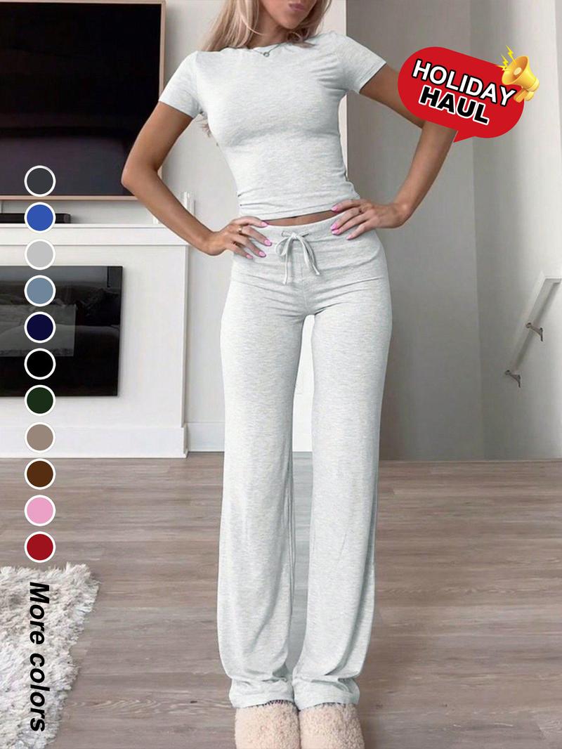 Women's Solid Short Sleeve Two-piece Set, Casual Round Neck Crop Tee & Drawstring High Waist Trousers for Daily Wear, Ladies Summer Clothes