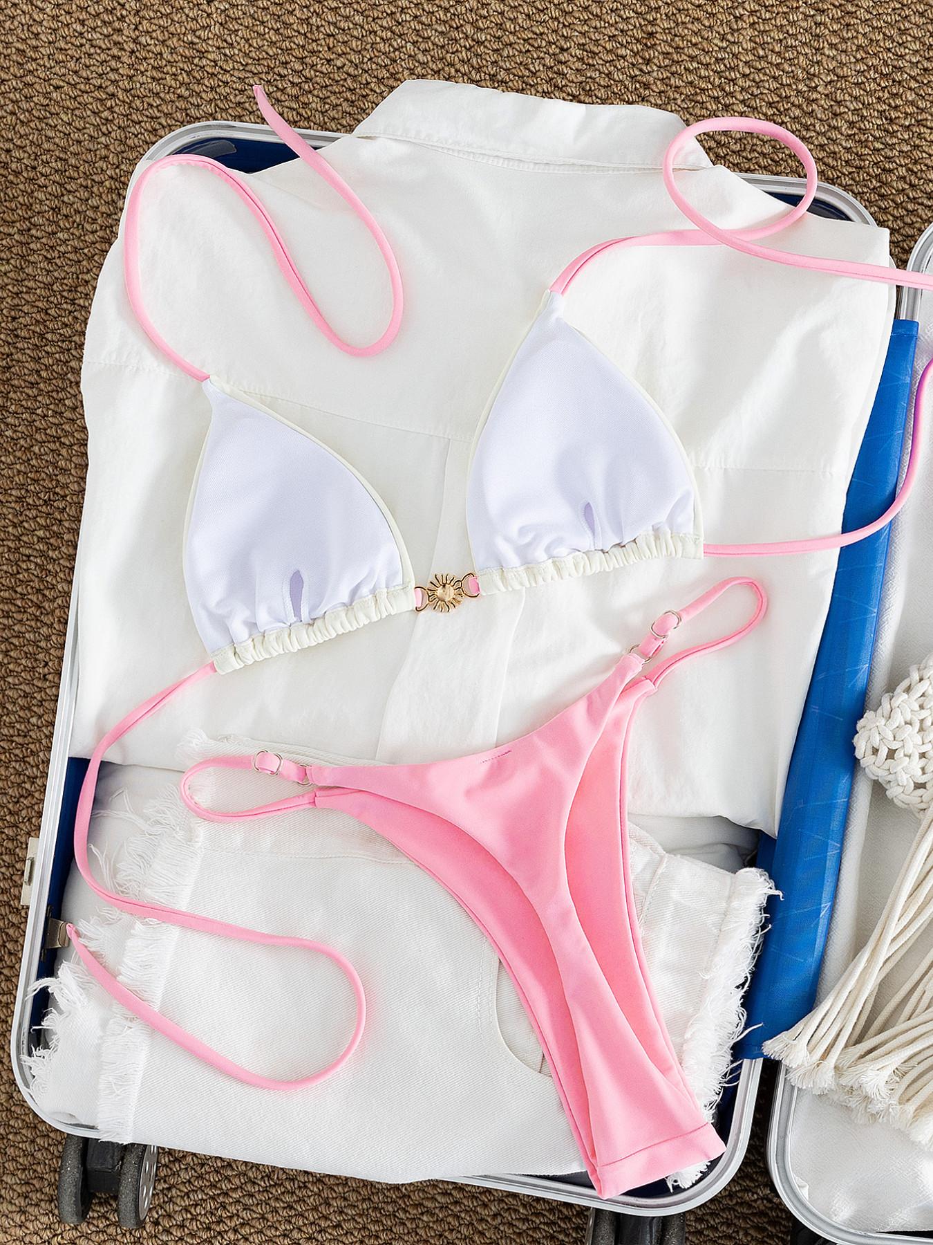 Women's Sexy Swimwear Set, Block, Metal Decoration Front Back Straps, Adjustable Side Tie Triangle Bottoms, Solid Bikinis