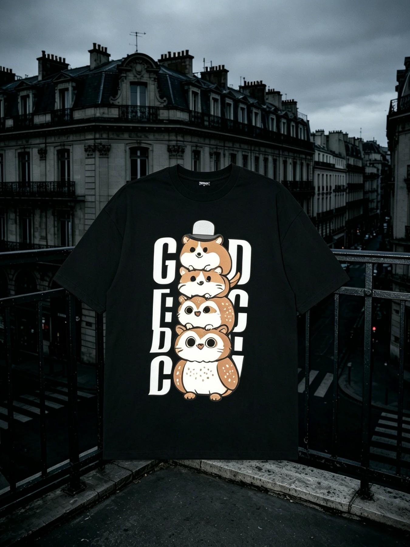 Short-sleeve T-shirt, American cute stack style, cartoon stacked Shiba Inu and owl print, perfect for pet lovers and kawaii trendsetters in daily casual streetwear