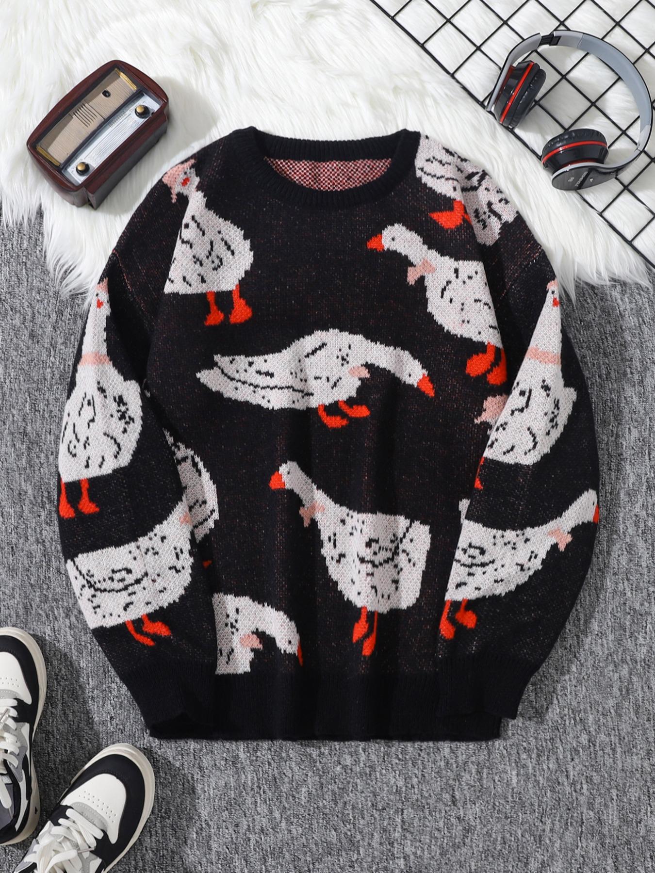 Unisex Men's Cartoon Duck Print Drop Shoulder Sweater, Fashion Round Neck Long Sleeve Jumper, Men Clothing for Daily Wear, Knitwear