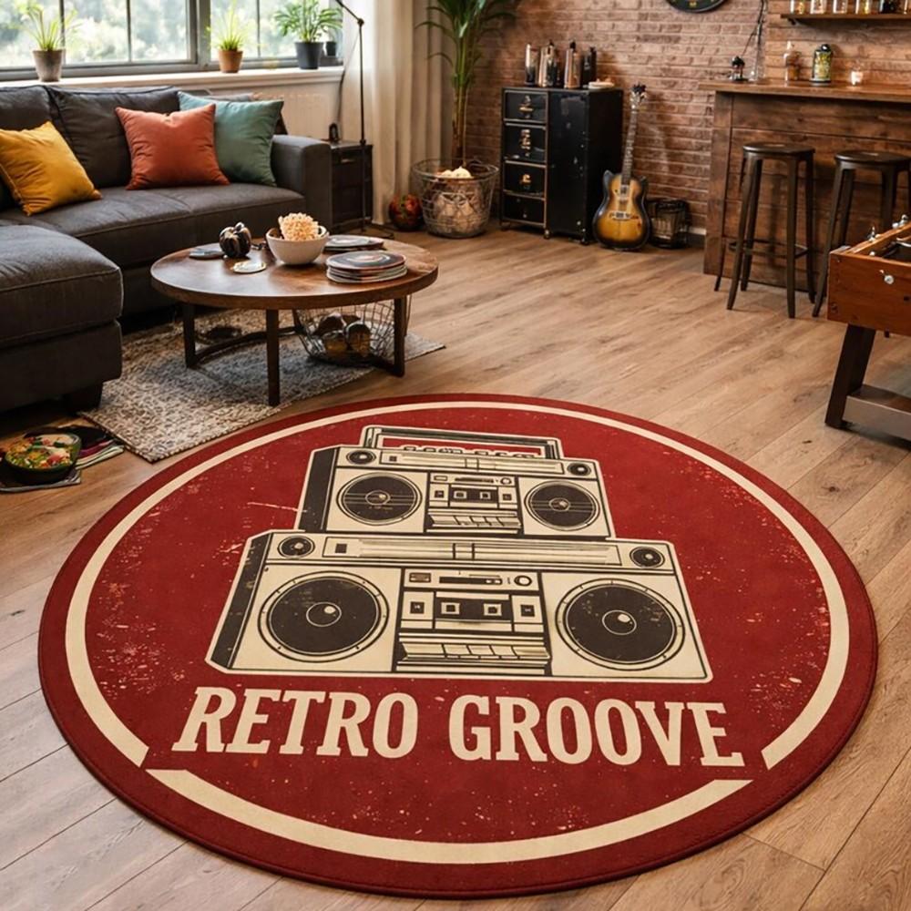 Retro Groove Round Rug, Vintage Style Living Room Sofa Runner, Bedroom Bedside Non-Slip Mat, Washable Decorative Carpet, Multi-Scene Use