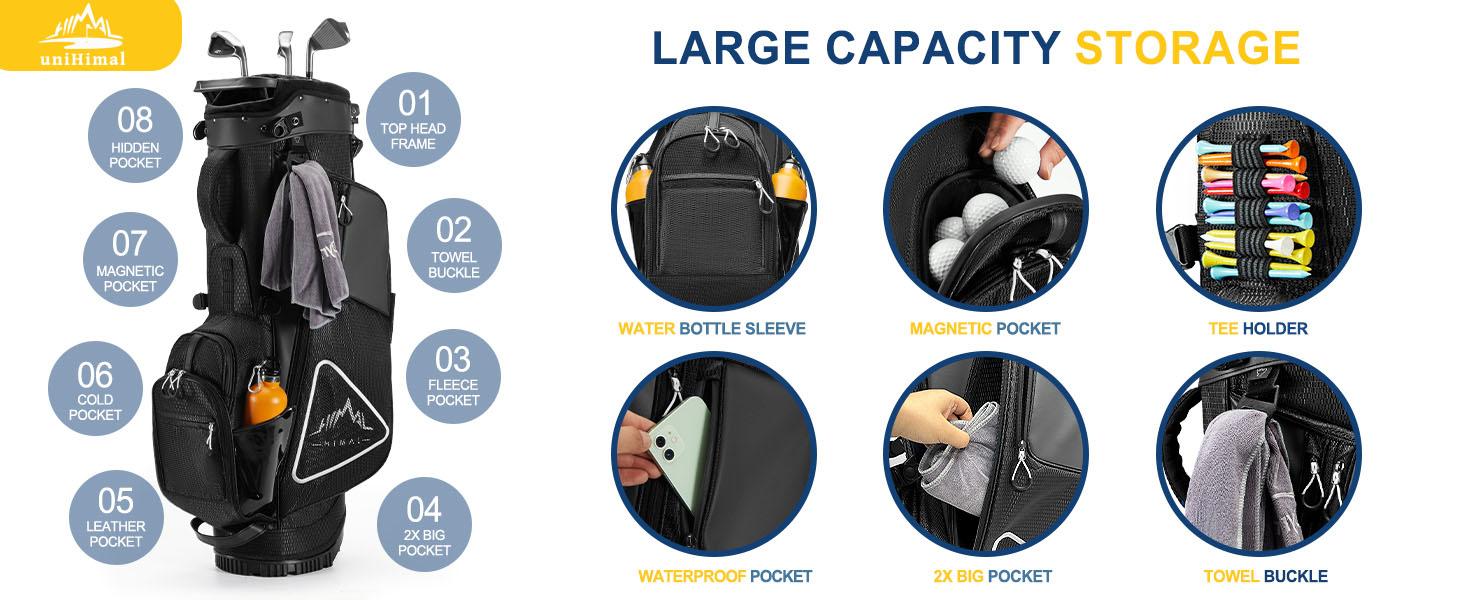 UNIHIMAL 14-Way Golf Stand Bag, Full Length Premium PU Leather Golf Bag with Plush Top, Magnetic Pocket, Dual Strap and Rain Cover for Men