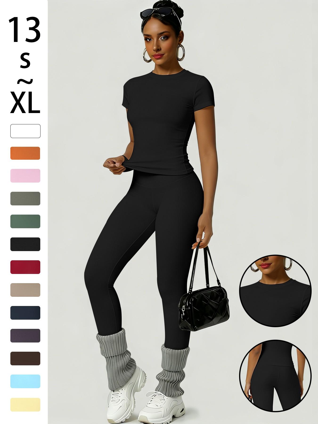 Women's Sportswear Set, Workout Gym Clothing, Training Clothes, Slim-Fit Round Neck Short Sleeves & High-Waisted Yoga Pants, Ideal for Gym Running Outdoor Activities