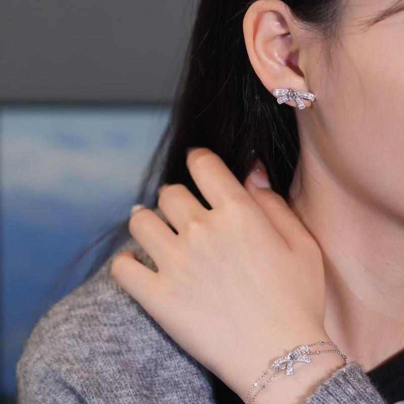 【#408 Oh-so-sweet】Charming Bow Tie Earstud,Dangling Huggie,Bracelet Synthetic Moissanite Jewelry in 925 Sterling Silver Gift for her Birthday Mother's Day