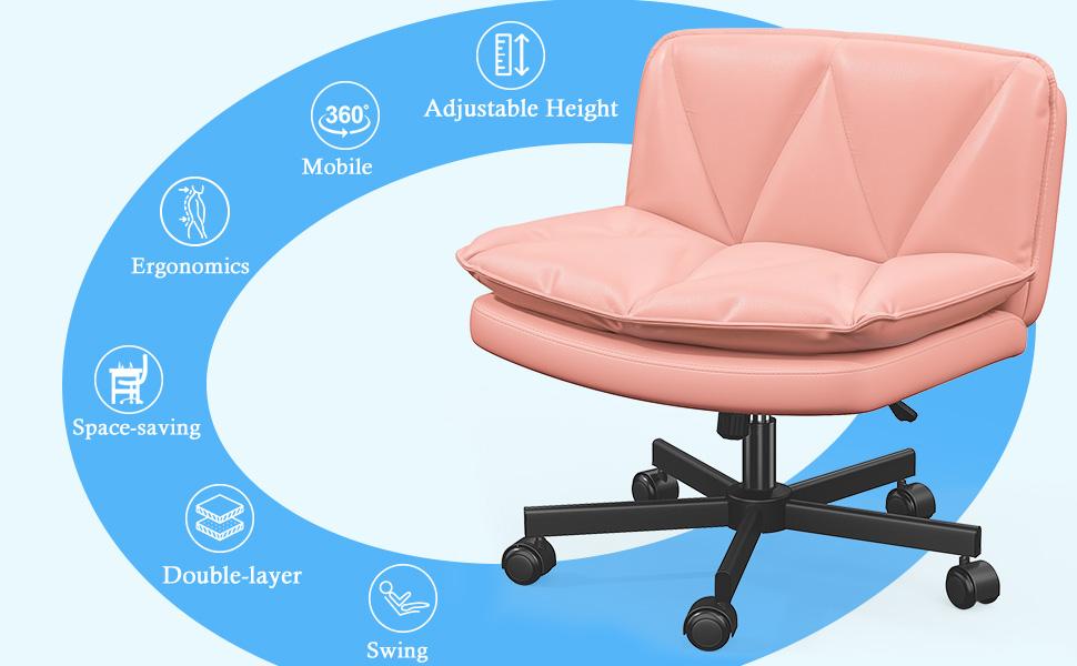 Raybee Furniture 27" Wide Criss Cross Chair, Comfy Cross Legged Office Desk Chair with Wheels, Cute Makeup Vanity Chair, Fabric Modern Swivel Height Adjustable Mid Back Wide Seat Computer Task Chair for Home Office