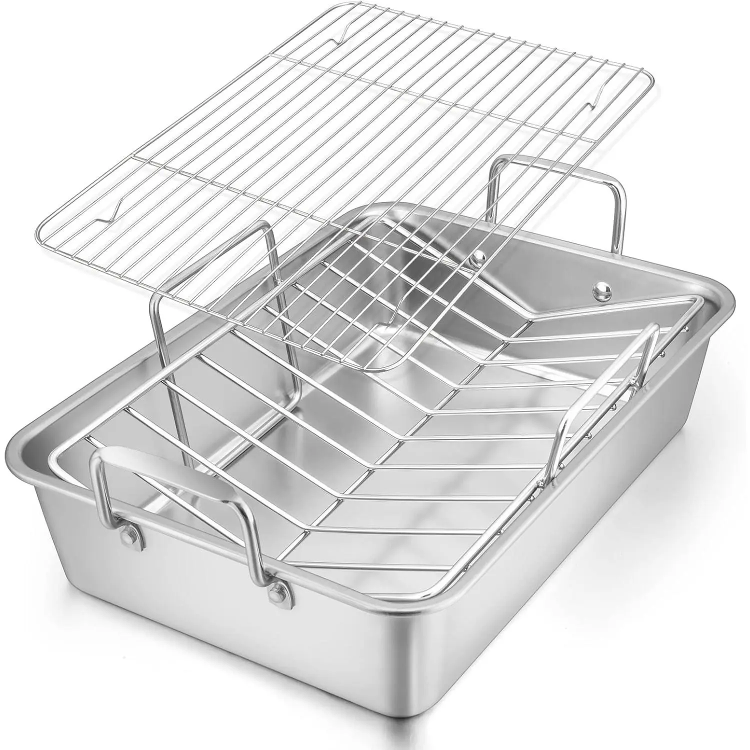 Roasting Pan, 16 x 11.5 Inch Stainless Steel Turkey Roaster with V-shaped & Flat Rack, Non-toxic & Heavy Duty Deep Broiling Pan, Dishwasher Safe - Large