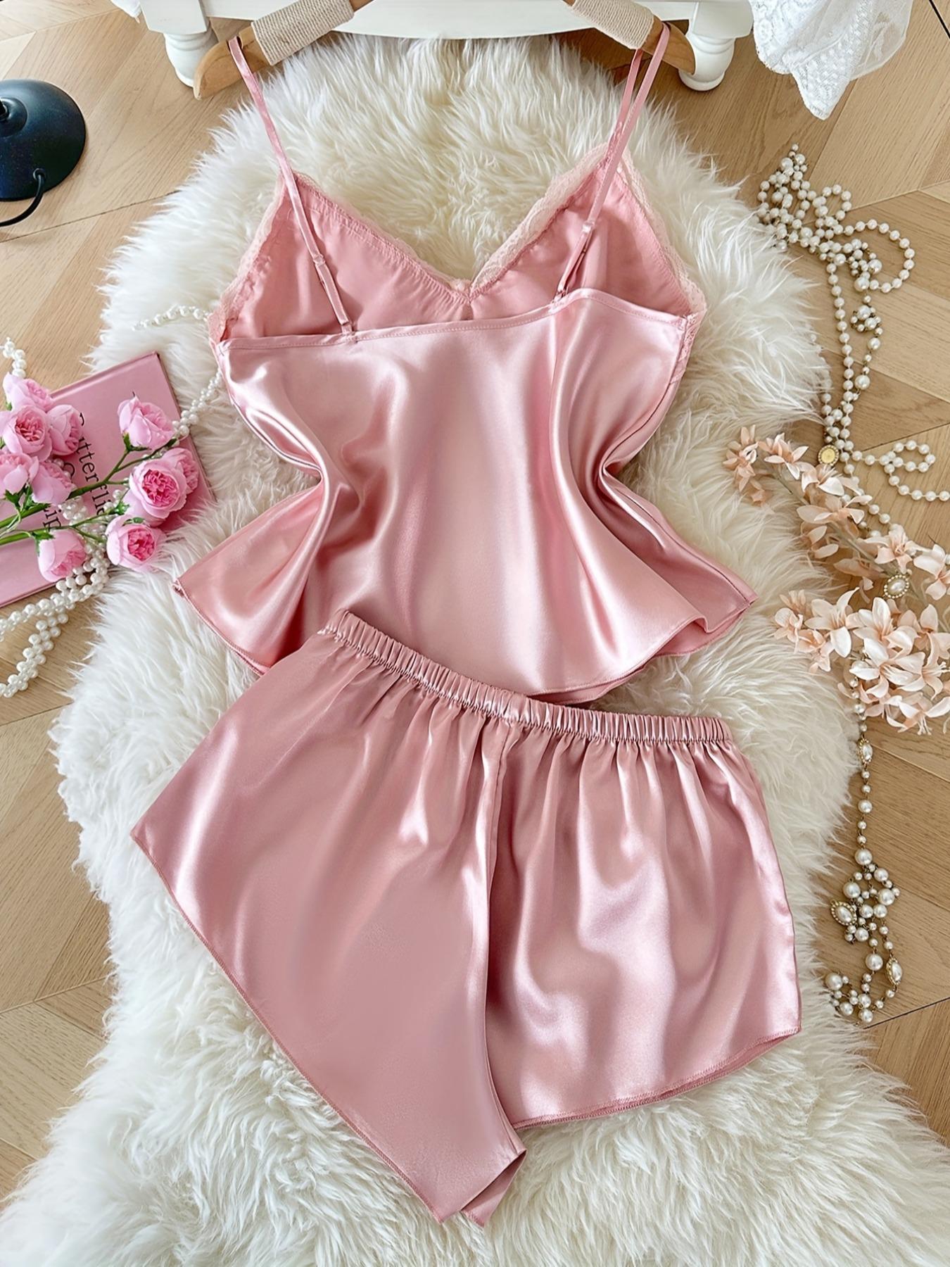 Luxurious Contrast Lace Satin Woven Fitted Pajama Set, Elegant Sleep & Leisure Wear, Comfortable Women's Nightwear, Stylish Design, Lingerie, Womenswear
