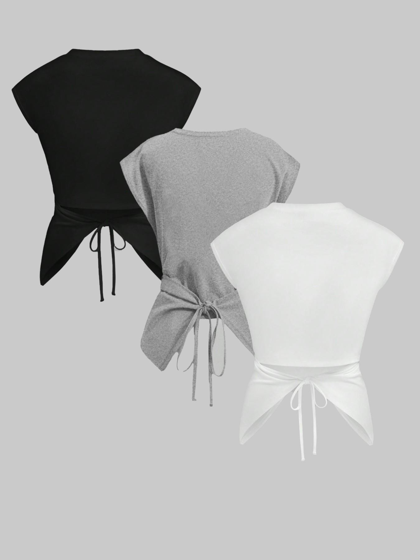 2026-2027-Women's Knitted Round Neck Drop Shoulder Sleeve T-Shirt, Fashion Casual Asymmetrical Ruched Cross Cutout Back Tie Top