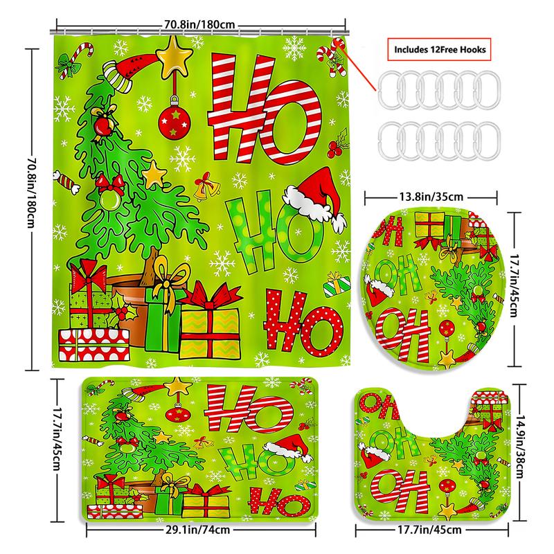 4pcs Green Christmas tTree Shower Curtain Set, Bathroom Partition Curtain, Modern Home Curtain Decoration Housewarming Gift, Bathroom Decoration Accessories, Shower Curtain and Toilet Mat Three-Piece Set with 12 Shower Curtain Hooks
