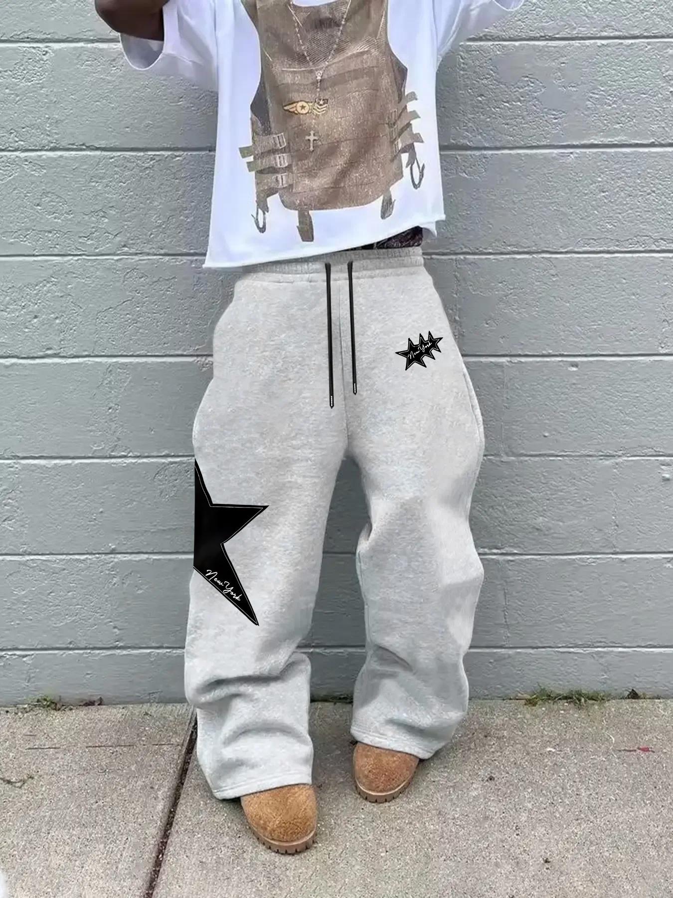 Men's Fashion Casual Straight Leg Pants, Star Print Drawstring Waist Sweatpants, Casual Streetwear Trousers, Summer Fitted Street Style, Perfect for Daily Wear