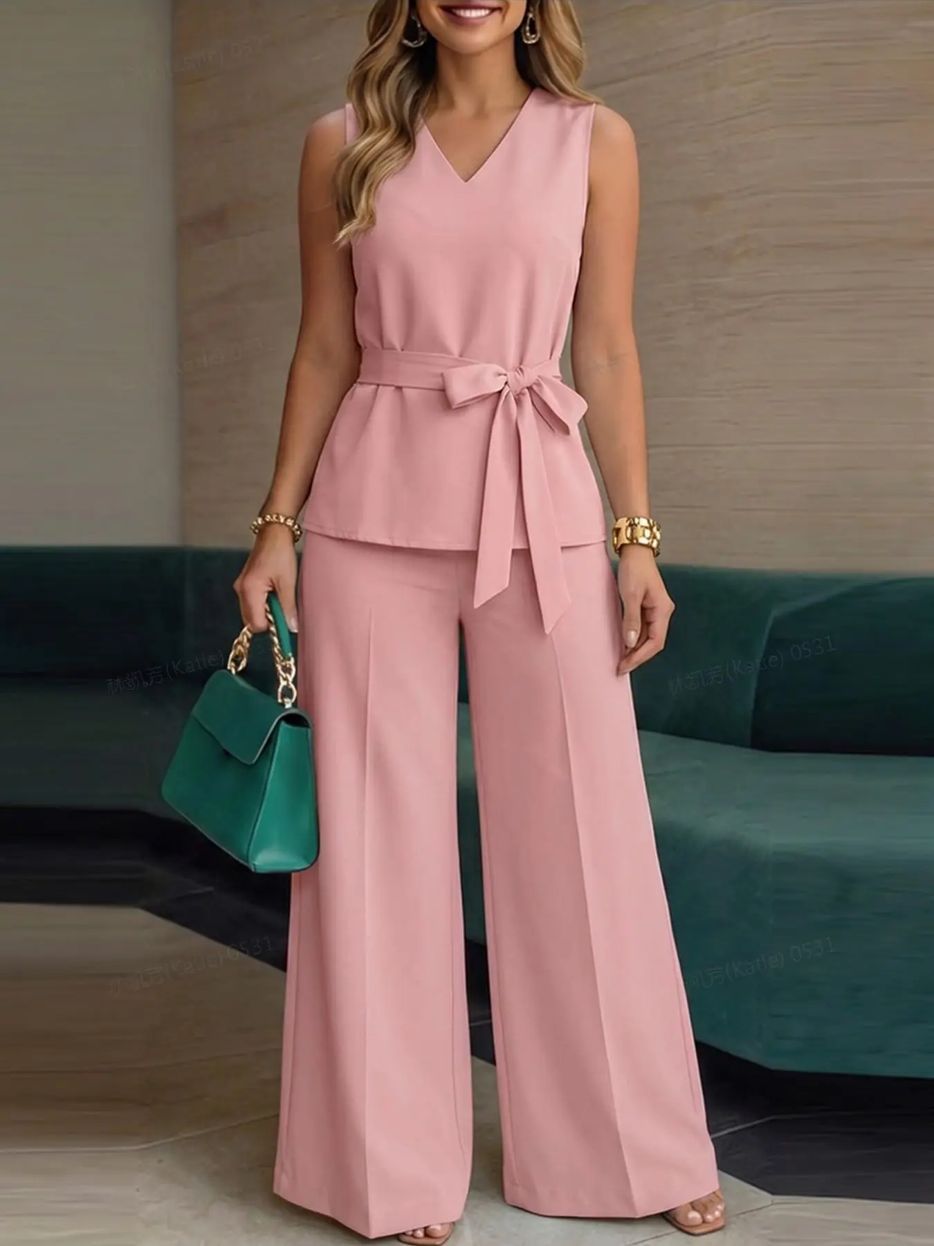 ZANZEA Women's Solid V-Neck Sleeveless Vest and Elastic Waist Long Pants Set, Casual Everyday Two-Piece for Commuting and Leisure, Tank Top, Clothes, Womenswear