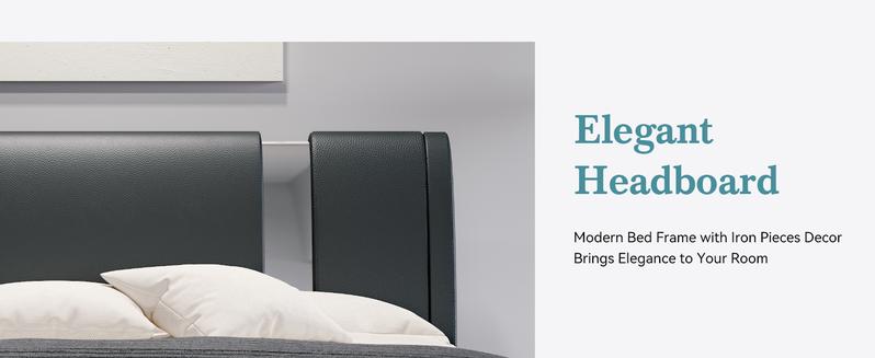 HOOMIC Modern Faux Leather Platform Bed Frame【Frame Only No Mattress】with Iron Pieces Decor,Low Profile Platform Bed with Height-adjustable Headboard,Solid Wood Slat Support,No Box Spring Needed,Queen/King Size