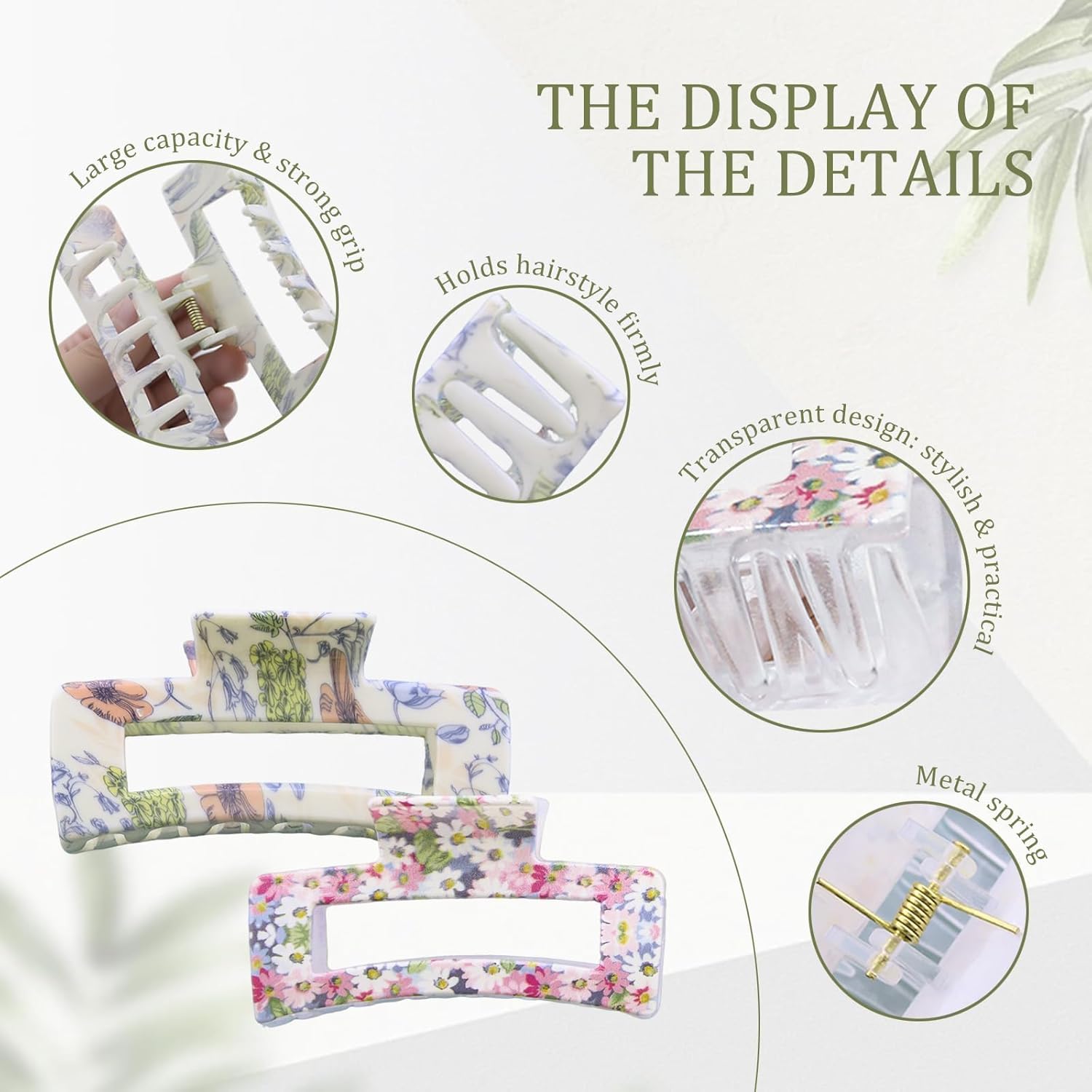 4 count Square Floral Hair Claws Clips for Women, Non-slip Large Medium Claw Clips with  Hold Jaw, Cute Fashion Accessories for Thin Thick Long Curly Hair