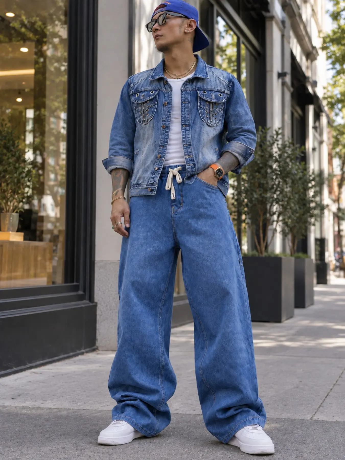 Men's Vintage Blue Washed Denim Two-Piece Set, Metal Eyelet Pocket Jacket with Textured Wide Leg Drawstring Pants, Y2K Streetwear Style, Outfit