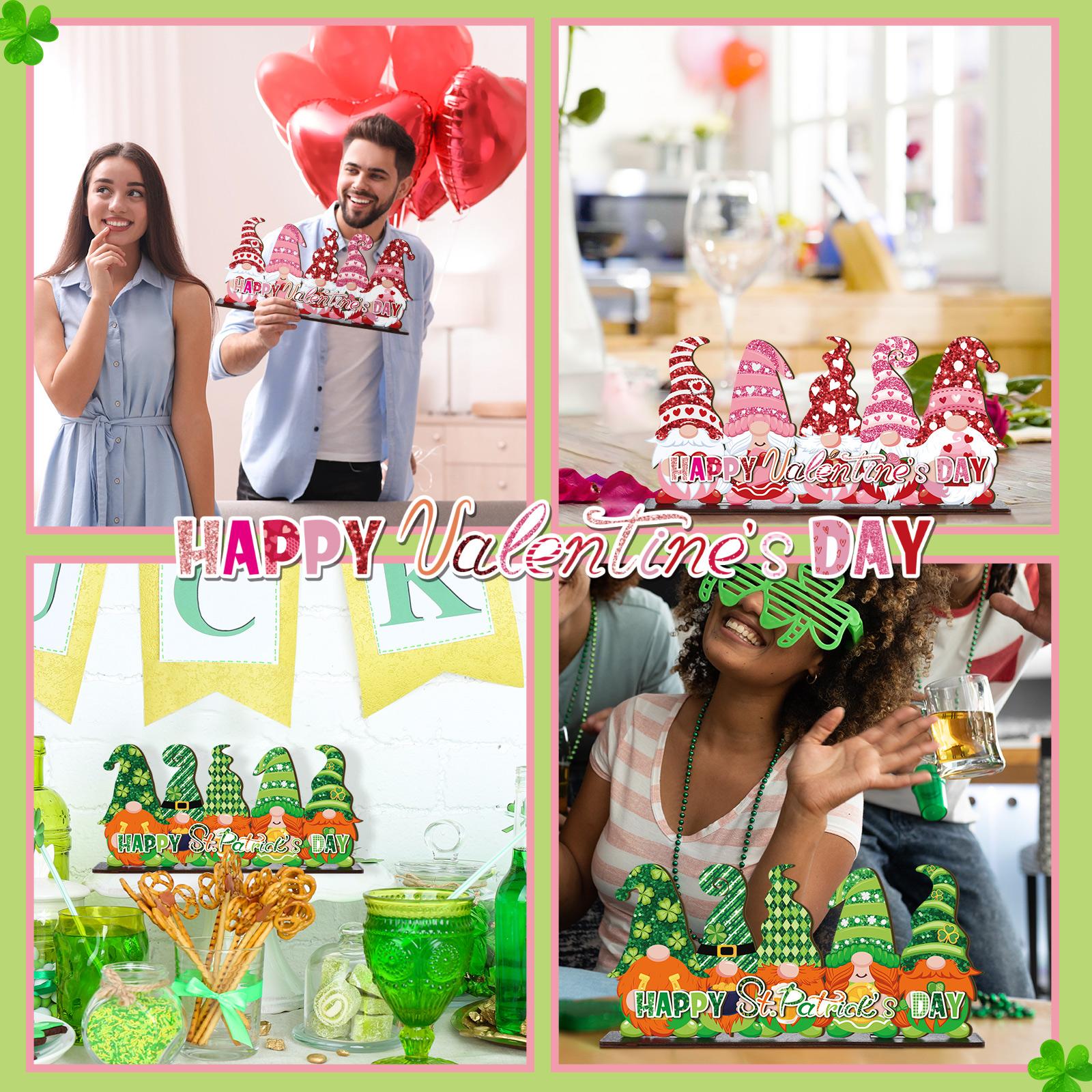 St. Patrick's Day & Valentine's Day Reversible Gnome Wood Signs, Double Sided Irish Theme Wooden Standing Blocks & Love Car Rose Truck Heart Decor, Table Centerpiece for Tiered Tray Farmhouse Kitchen, Ideal for Irish Families, Gnome Lovers & Couples Gift