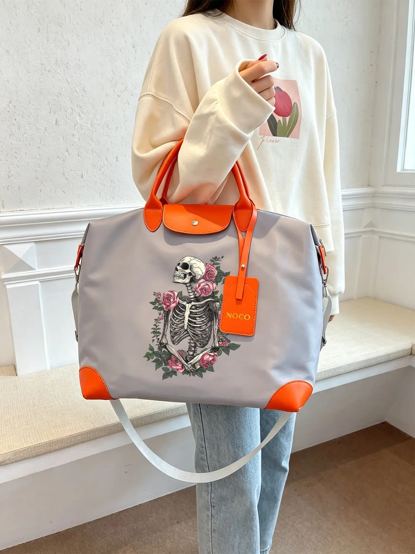 Rose Skull Pattern Handbag, Durable and Large-capacity Tote Bag, Can Be Carried By Hand or Worn Crossbody, Suitable for Work and Daily Commuting, and An Excellent Gift Choice