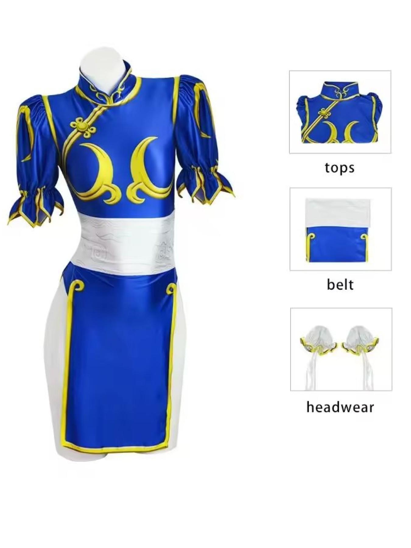 Women's Street Fighter Chun Li Costume, Blue Qipao with Headpiece and Belt, Halloween Dress, Role Play Game