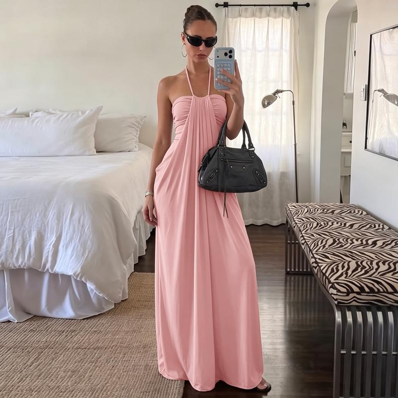 Women's Solid Color Ruched Bodycon Halter Neck Dress, Sexy Sleeveless Strapless Backless Slim Fit Tube Dress, Party Club Date Gown Dress, Elegant Slim Fitting, Casual Daily Maxi Dresses For Ladies Summer