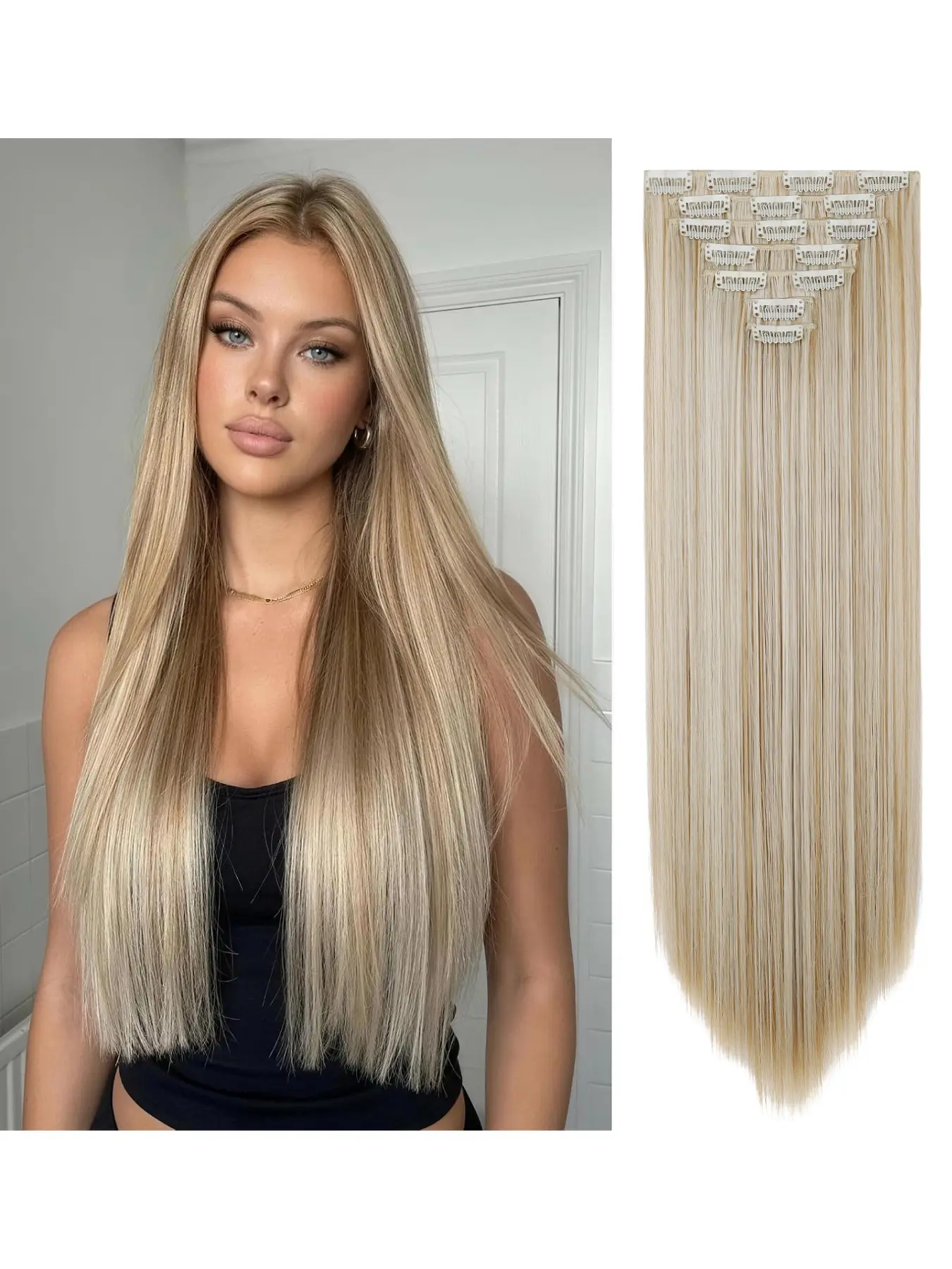 Clip style hair extension 7-piece set with 24 inch straight hair, gentle grip without damage, synthetic hair pieces, hand washed natural blend fashionable hair accessories, suitable for women's daily wedding party styling
