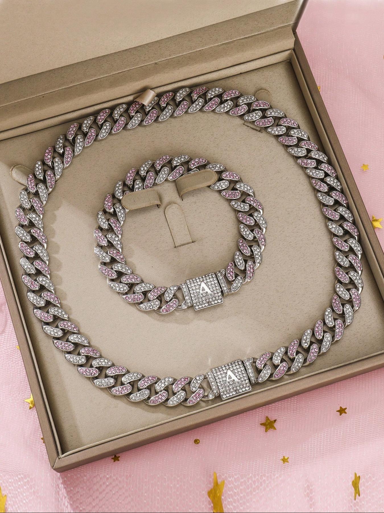 Unisex Street Style Letter Design Cuban Link Chain Bracelet & Necklace, Rhinestone Decorated Fashionable Jewelry Set, Fashion Accessories for Party, Daily Decor for Boy