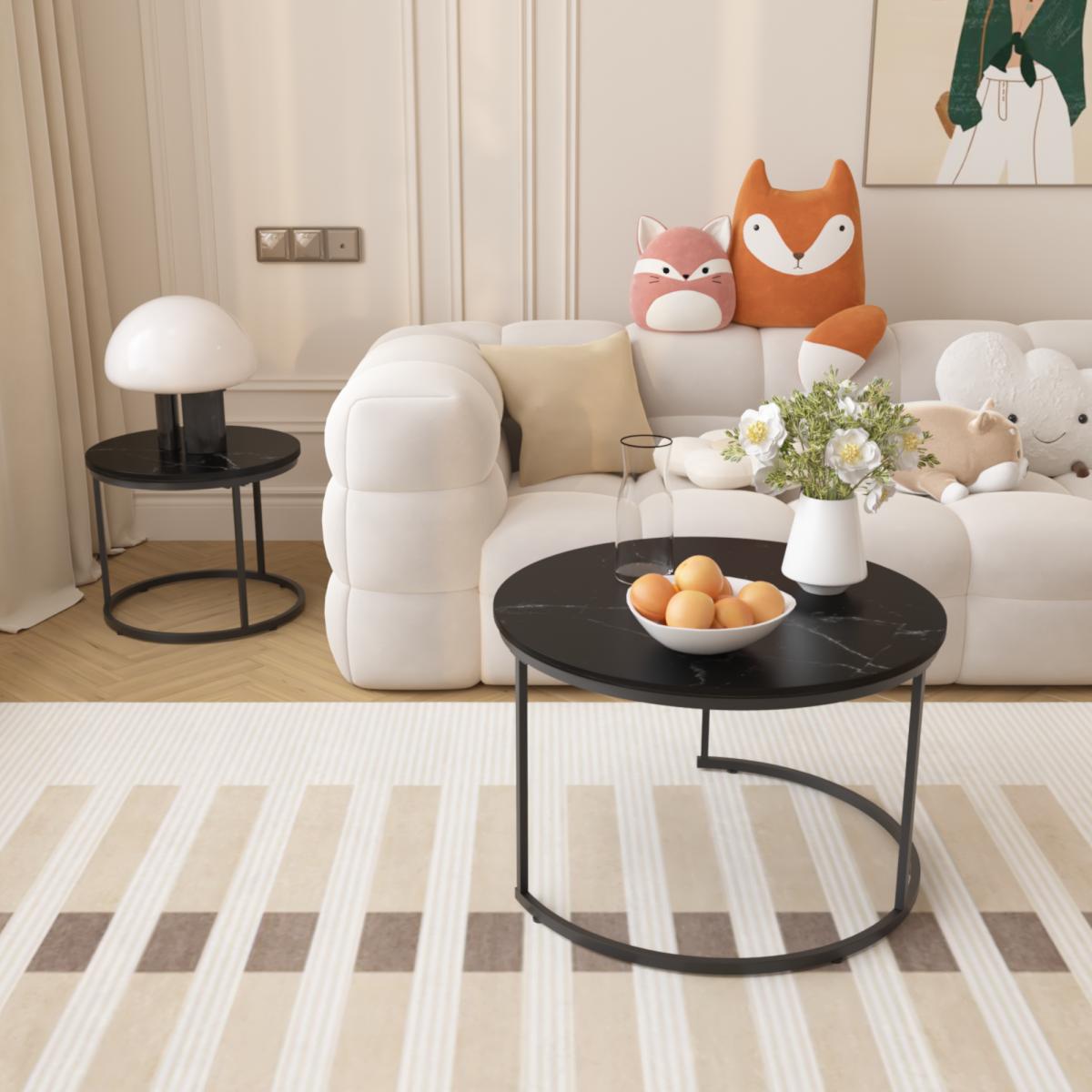 Nesting Coffee Table Set of 2, 27.6inch Round Coffee Table Wood Marble Pattern Top with Sturdy Metal Frame, End Table Side Tables for Living Room Bedroom Balcony Yard