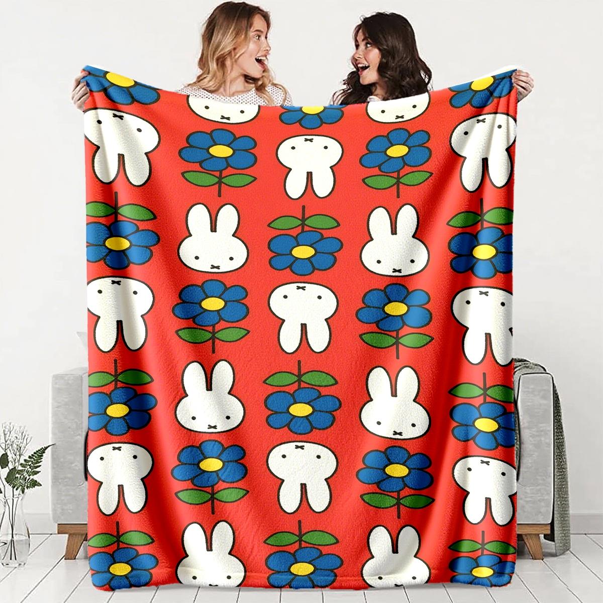 Miffy Rabbit Floral Flannel Cozy Blanket, Soft Lightweight Warm, 100% Fiber, Perfect for Bed Sofa Office Camping Travel Gift