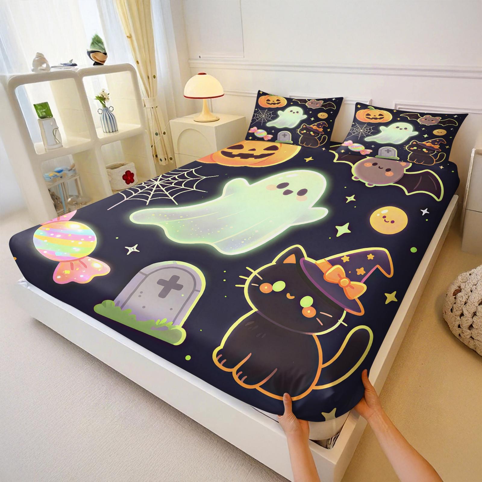 3Pcs Watercolor Halloween Pumpkin Ghost HD Digital Print Fitted Sheet Set, Washable Hypoallergenic Deep Pocket Mattress Cover For Edgy Girls All Season Dark Style Bedroom Decor, Polyester Bedding Set, Bed Sets Supplies